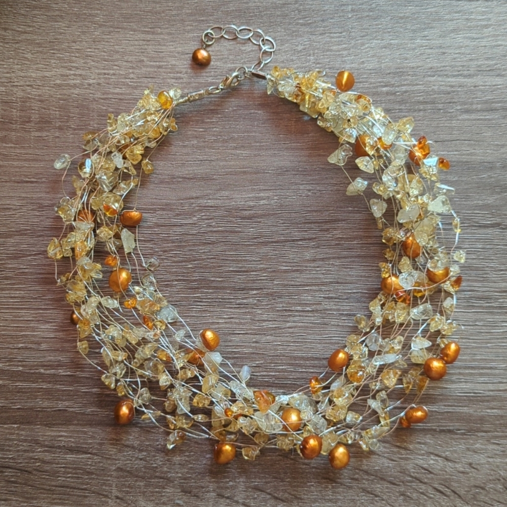 Statement Citrine and Pearl silver thick collar choker necklace adjustable - Picture 3 of 7